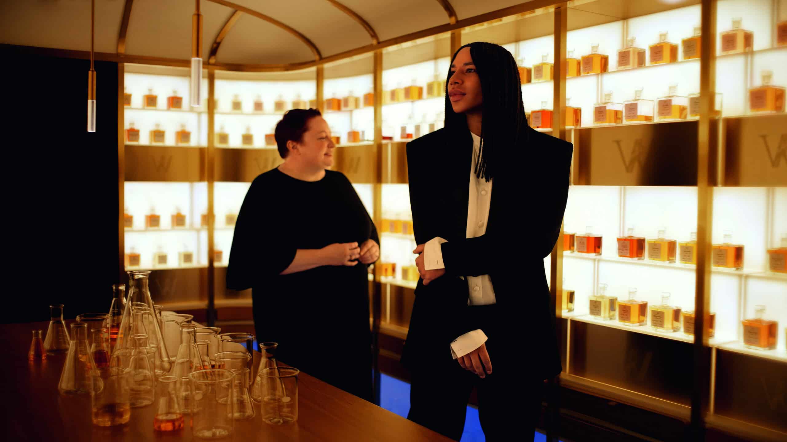 Dr Emma Walker and fashion designer Olivier Rousteing in the Johnnie Walker Vault, Edinburgh, Scotland.