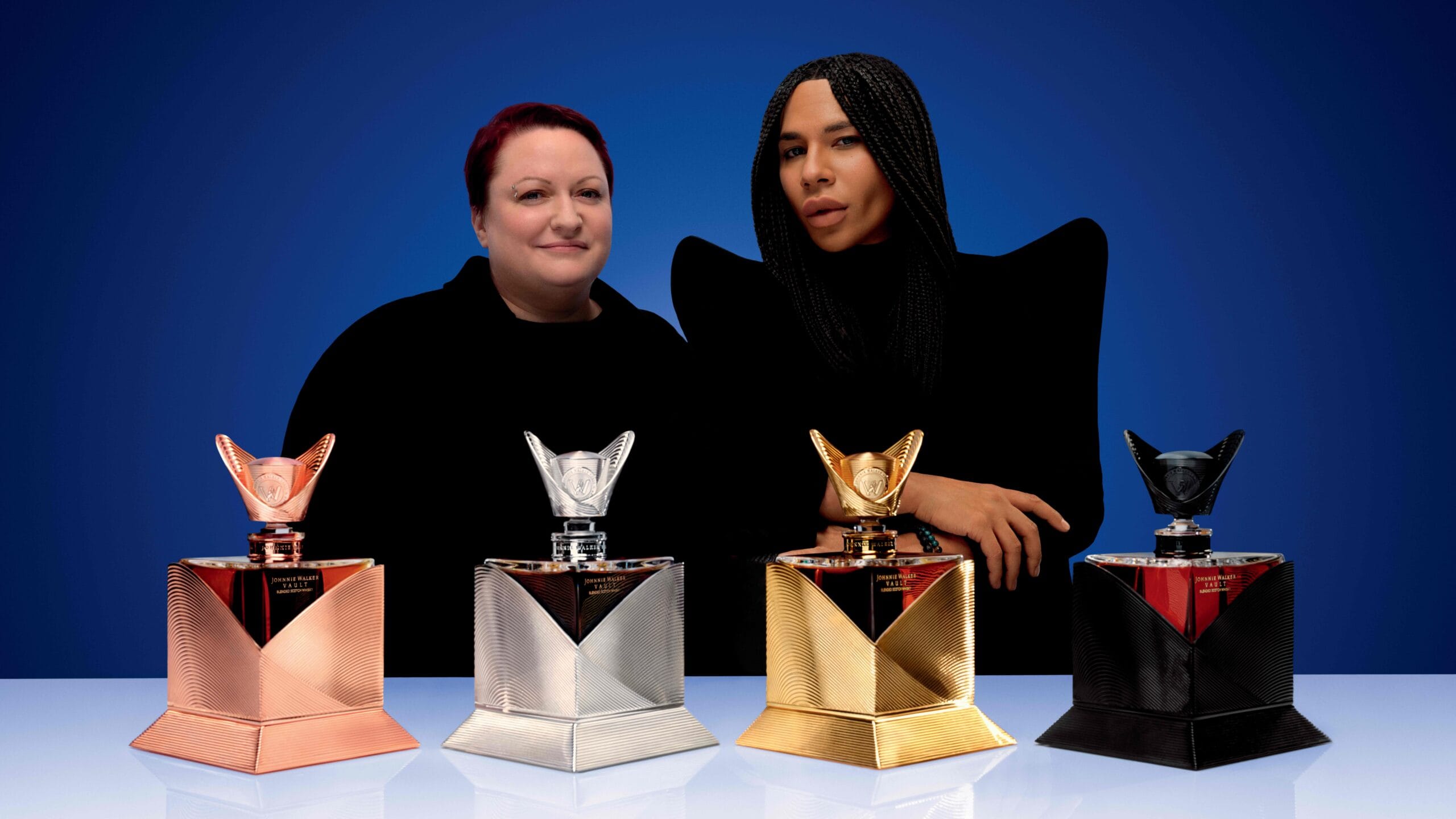 Dr Emma Walker and fashion designer Olivier Rousteing with the Couture Expressions collection